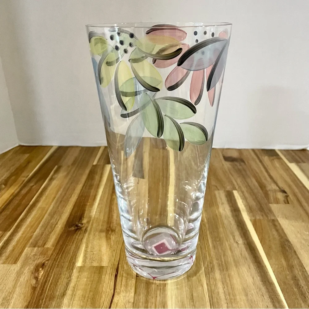Bohemia Glass Clear Glass Vase Hand Painted Flowers Czech Republic 9.75” Tall